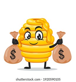 vector illustration of hive bee mascot or character holding sacks of money