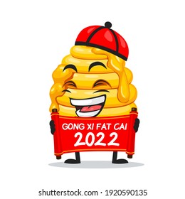 ilustración vectorial de la mascota de abejas colmenas o personaje con desplazamiento rojo y dice feliz año nuevo chino 2021
