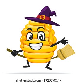 vector illustration of hive bee mascot or character wearing witch costume and ride flying broom