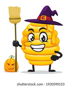 vector illustration of hive bee mascot or character wearing witch costume and holding broom