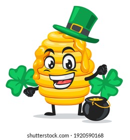 vector illustration of hive bee mascot or character wearing shamrock hat