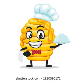 vector illustration of hive bee mascot or character wearing chef hat and serve food