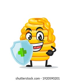 vector illustration of hive bee mascot or character holding shield for protection