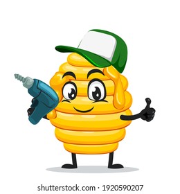 vector illustration of hive bee mascot or character holding hand drill