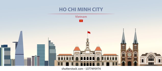 Vector illustration of Ho Chi Minh City skyline on colorful gradient beautiful daytime background 