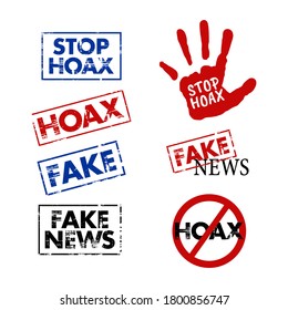 Vector illustration of the HOAX news stamp. Perfect for design elements of fake news and HOAX news campaigns. Grunge stamp template prohibiting the spread of fake news.