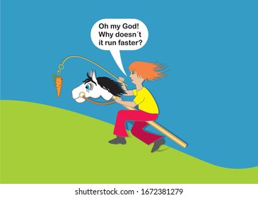 Vector illustration, hobby horse and rider. Poor understanding of own responsibility. EPS10.