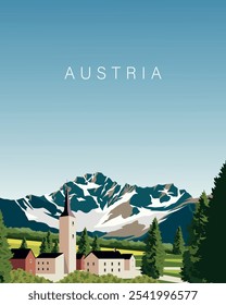 Vector illustration. Hochsolden Austria . Travel poster, banner, postcard, cover, packaging. Tourism, nature. Modern design.