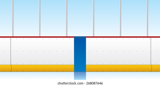 A vector illustration of hockey boards and glass. The blue line is visible in the middle of the image.