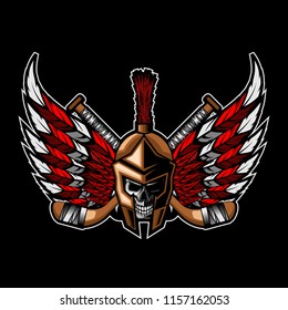 Vector illustration of a hockey crest with spartan skull insert hockey sticks wings blank design for t-shirt and other