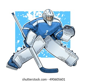 Vector illustration of a hockey goalkeeper. Bright and colorful sport themed poster. Winter sports, ice sports, hockey player, team game.