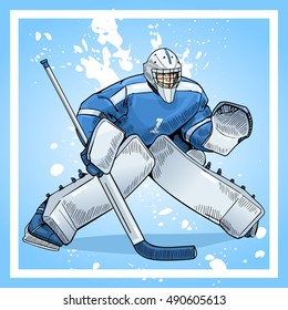 Vector illustration of a hockey goalkeeper. Bright and colorful sport themed poster. Winter sports, ice sports, hockey player, team game.