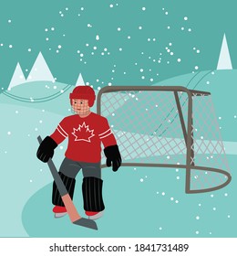 Vector illustration of a hockey goalkeeper. Child goalkeeper in Canada uniform. Goalkeeping athletes. Bright and colorful sports themed poster. Winter sports, ice sports, hockey player, team game.
