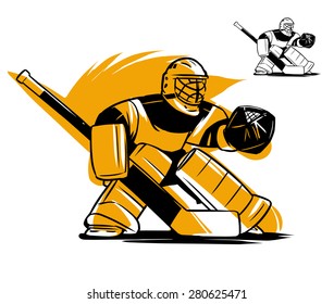 Vector illustration. Hockey goalkeeper in helmet isolated on white