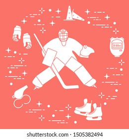 Vector illustration. Hockey goalkeeper, hockey stick, gloves, skates, stopwatch, trainer whistle, training cones. Winter sports background. Play hockey, training. Tournament, championship, competition