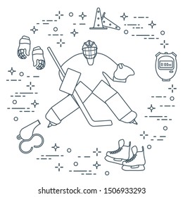 Vector illustration. Hockey goalkeeper, hockey stick, gloves, skates, stopwatch, trainer whistle, training cones. Winter sports background. Play hockey, training. Tournament, championship, competition