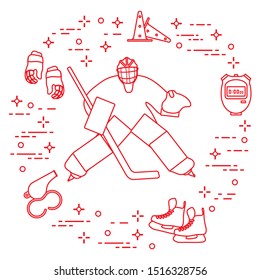 Vector illustration. Hockey goalkeeper, hockey stick, gloves, skates, stopwatch, trainer whistle, training cones. Winter sports background. Play hockey, training. Tournament, championship, competition