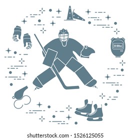 Vector illustration. Hockey goalkeeper, hockey stick, gloves, skates, stopwatch, trainer whistle, training cones. Winter sports background. Play hockey, training. Tournament, championship, competition