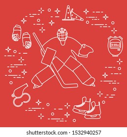 Vector illustration. Hockey goalkeeper, hockey stick, gloves, skates, stopwatch, trainer whistle, training cones. Winter sports background. Play hockey, training. Tournament, championship, competition