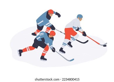 Vector illustration of hockey male players characters. Winter sport activity. Young adult men in blue and red uniform. Professional ice-hockey player. The player leads the puck