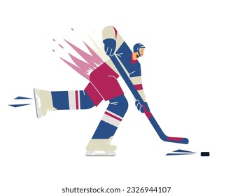 Ilustración vectorial de un jugador de hockey con brassy y puck moviéndose rápido hacia adelante, vista lateral. Dibujo en línea de dibujos animados, líneas de movimiento sobre el hielo en colores rojo y azul, sobre fondo blanco. Juego olímpico de invierno.