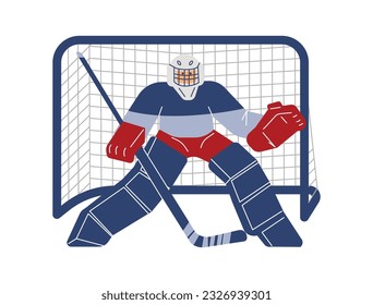 Imagen vectorial de un jugador de hockey, arquero. El arquero de la línea de caricaturas protege la puerta del hielo con colores rojo y azul aislados en fondo blanco. Juego olímpico de invierno.