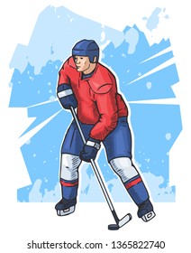 Vector illustration of a hockey player isolated on abstract background. Beautiful sport themed poster. Winter sports, ice sports, team game