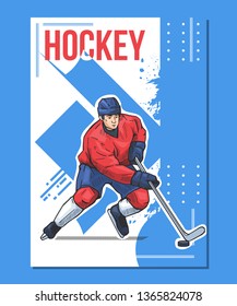 Vector illustration of a hockey player isolated on abstract background. Beautiful hockey poster, placard. Winter sports, ice sports, team game