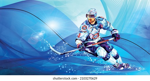 Vector illustration of a hockey player made from triangles.  Olympic games, Beijing, Beijing 2022, XXIV Olympic Winter Game Vector illustration of a hockey player made from triangles. - Shutterstock ID 2103270629