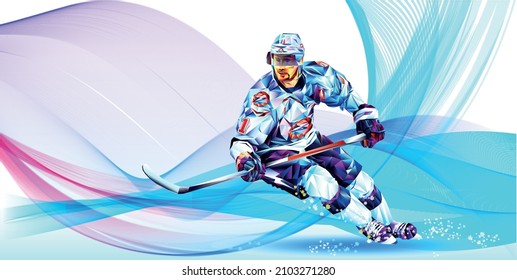 Vector illustration of a hockey player made from triangles.  Olympic games, Beijing, Beijing 2022, XXIV Olympic Winter Game Vector illustration of a hockey player made from triangles.