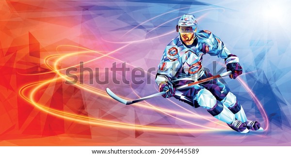 Vector illustration of a hockey player made from\
triangles.  Olympic games, Beijing, Beijing 2022, XXIV Olympic\
Winter Games