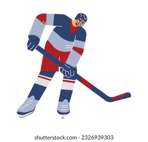 Ilustración vectorial de un jugador de hockey. Juego olímpico de invierno. Dibujo de una línea de dibujos animados del jugador de hockey con una brisa sobre el hielo de colores rojo y azul aislado en fondo blanco