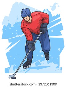 Vector illustration of a hockey player on blue background. Beautiful winter hockey sport themed poster