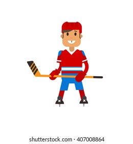 Vector illustration of hockey player with hockey stick in hand on the ice. Hockey player are posing in uniform. Flat character design.