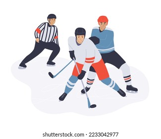 Vector illustration of hockey players and referee characters. Flat colorful cartoon artwork. Winter team sport on ice. Adult male player with stick and helmet. Cold season activity