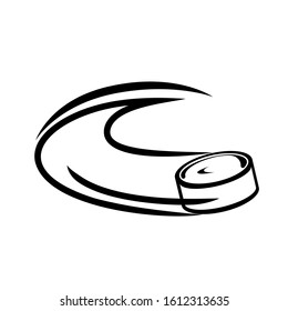 Vector illustration of a hockey puck in outline style flying along a trajectory with acceleration on isolated background