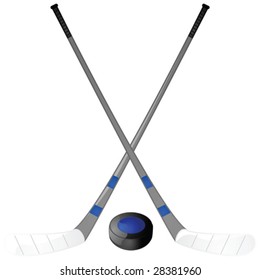 Vector illustration of a hockey puck with two hockey sticks crossed above it