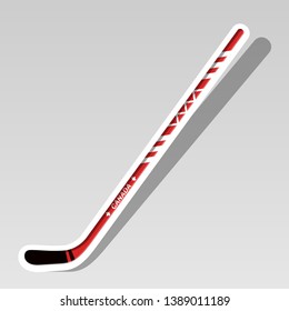 Vector illustration of hockey stick.
Canadian traditional symbol in a cartoon style. A red hockey stick with a white stroke and a shadow on an isolated gradient background.