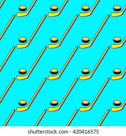 Vector illustration of hockey. Stick and puck. Seamless pattern background.