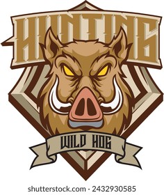 Vector Illustration Hog Head in front view with HUNTING WILD HOG text Esport logo