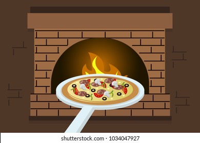 Vector illustration of holder with pizza putting in brick furnace. Pizzeria cooking concept. Eps flat horizontal image.