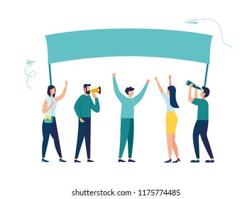 Vector illustration, holding banners and posters. Men and women take part in political rallies, parades or rallies.