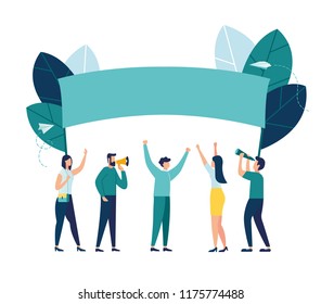 Vector illustration, holding banners and posters. Men and women take part in political rallies, parades or rallies.
