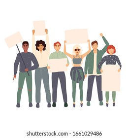 Vector illustration, holding banners and posters. Men and women take part in political parades or rallies.