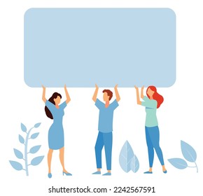 Vector illustration, holding banners and posters. Men and women take part in political rallies, parades or rallies.