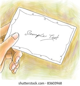 Vector Illustration Holding Blank Memo Business Card On Colorful Background