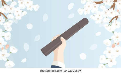 Vector illustration of holding up a diploma tube under a cherry tree