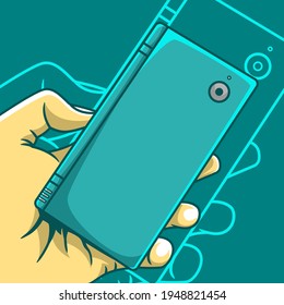 vector illustration of holding retro close dual screen console game top view. cartoon console illustration. Cartoon Style Suitable for Landing Page, Banner, Flyer, Sticker, poster.