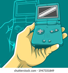 vector illustration of holding retro open console game. cartoon console illustration. Cartoon Style Suitable for Landing Page, Banner, Flyer, Sticker, poster.