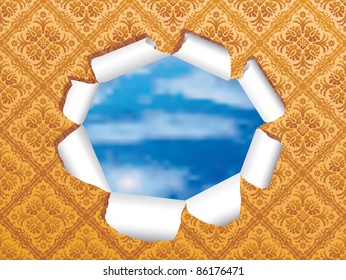 vector illustration of the hole in baroque wallpaper